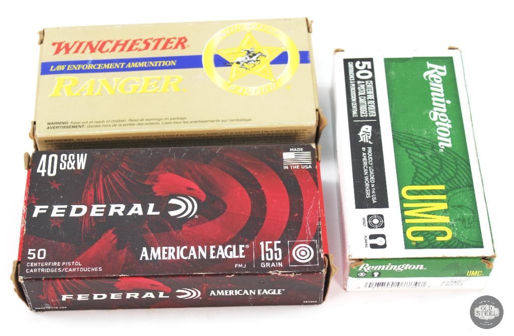 Boxes of 40 S&W FMJ Federal, Remington, Winchester Ammunition-150rds: Boxes of 40 S&W FMJ Federal, Remington, Winchester Ammunition-150rds Remington 40 S&W 180gr FMJ Federal 40 S&W 155 gr. FMJ Winchester 40 S&W 180gr. FMJ 