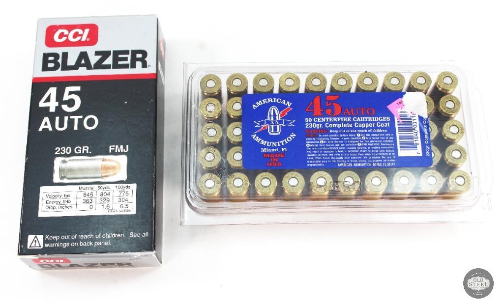 2 Boxes 45 Auto 230gr. Ammunition- 100rds: 2 Boxes 45 Auto 230gr. FMJ Ammunition- 100rds CCI Blazer American Ammunition THIS ITEM IS AS PICTURED WITH NO FURTHER ATTACHMENTS.
