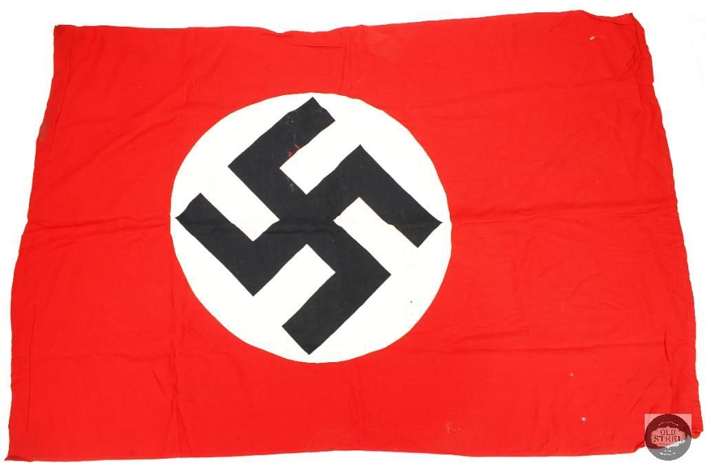 Original Nazi Swastika Flag - 30x42 - WWII Germany: For this lot we have an original nazi flag measuring roughly 30x42 inches. The flag is double sided with white medallions and swastikas stitched on both sides. 