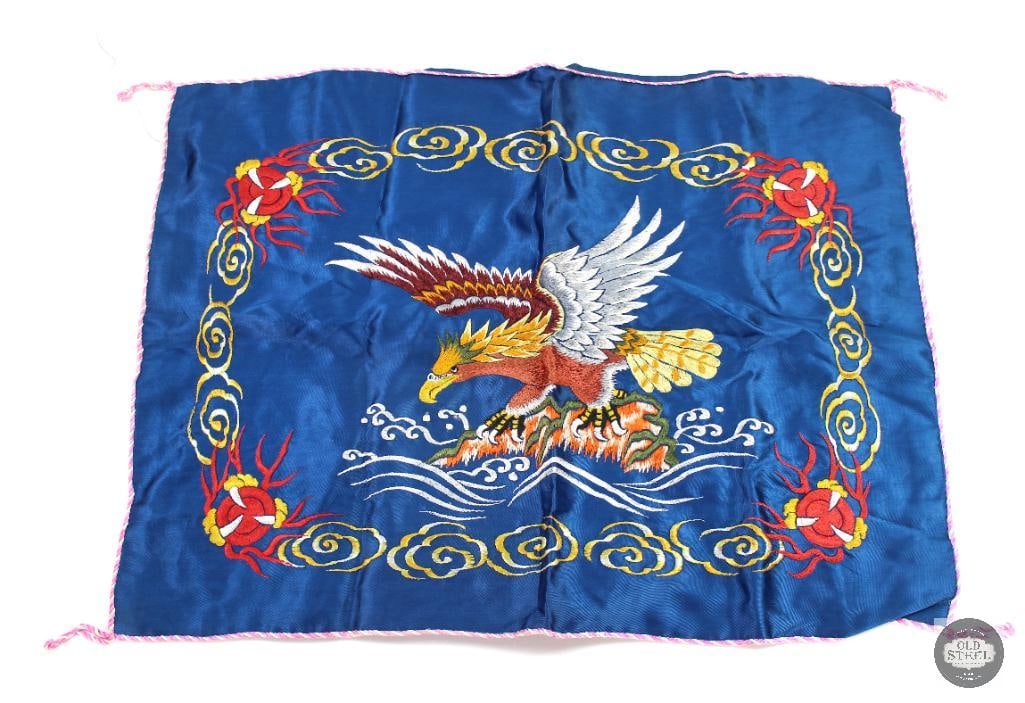Japanese Pillow Case with Hawk and Rough Wave Embroidery - 25x19: For this lot we have a Japanese pillow case with an embroidery of a hawk on rough waves. Measures 25x19 inches. THIS ITEM IS AS PICTURED WITH NO