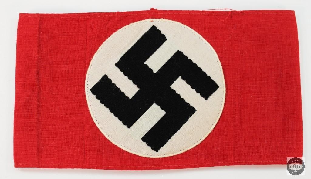 Original RZM Nazi Armband: Here is an original nazi party armband with an original RZM sticker still attached on the reverse. Excellent embroidery and excellent condition! 