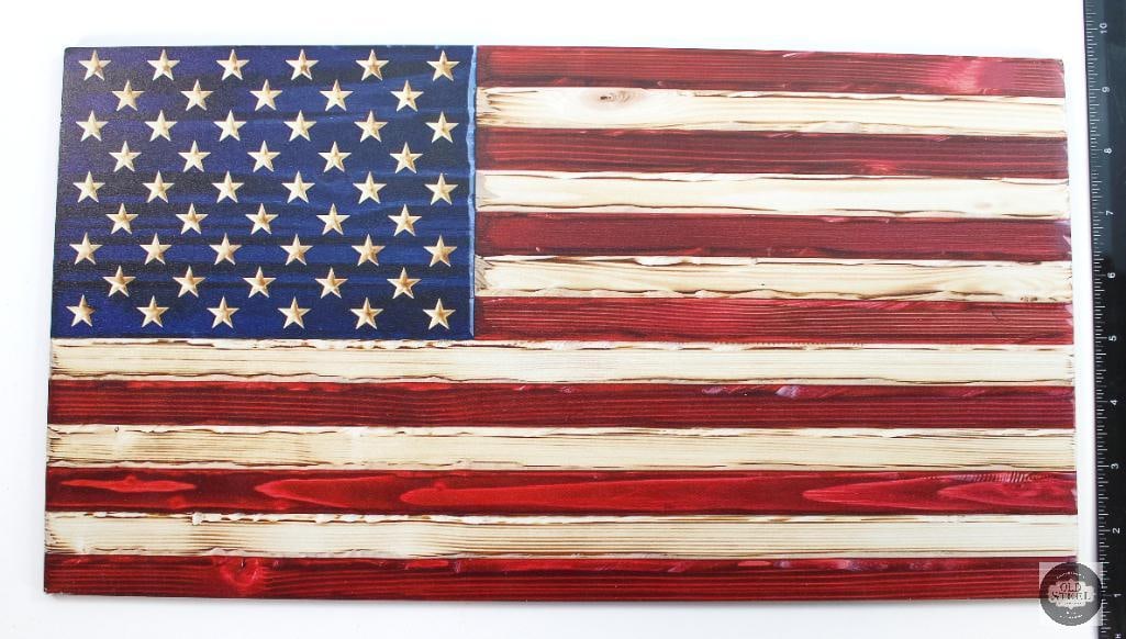 Wooden US Wall Flag - 15.75x8.5 with Hanging Hardware: Here we have a small wooden decorative US flag. Measures 15.75 inches long, 8.5 inches tall and is 3/16 inch thick. THIS ITEM IS AS PICTURED WIT
