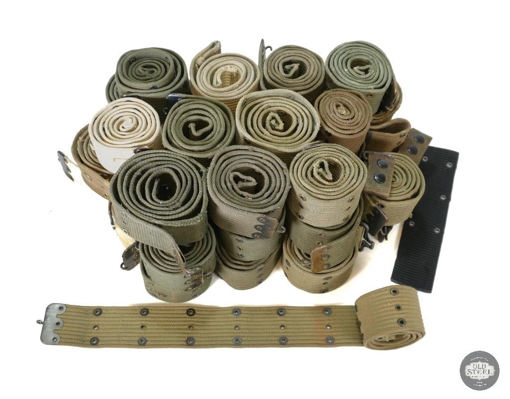 Lot of Various Canvas Military Pistol Belts: Lot of Various Canvas Military Pistol Belts THIS ITEM IS AS PICTURED WITH NO FURTHER ATTACHMENTS. ALL SALES ARE FINAL. PLEASE REFER TO THE AUCTION DES