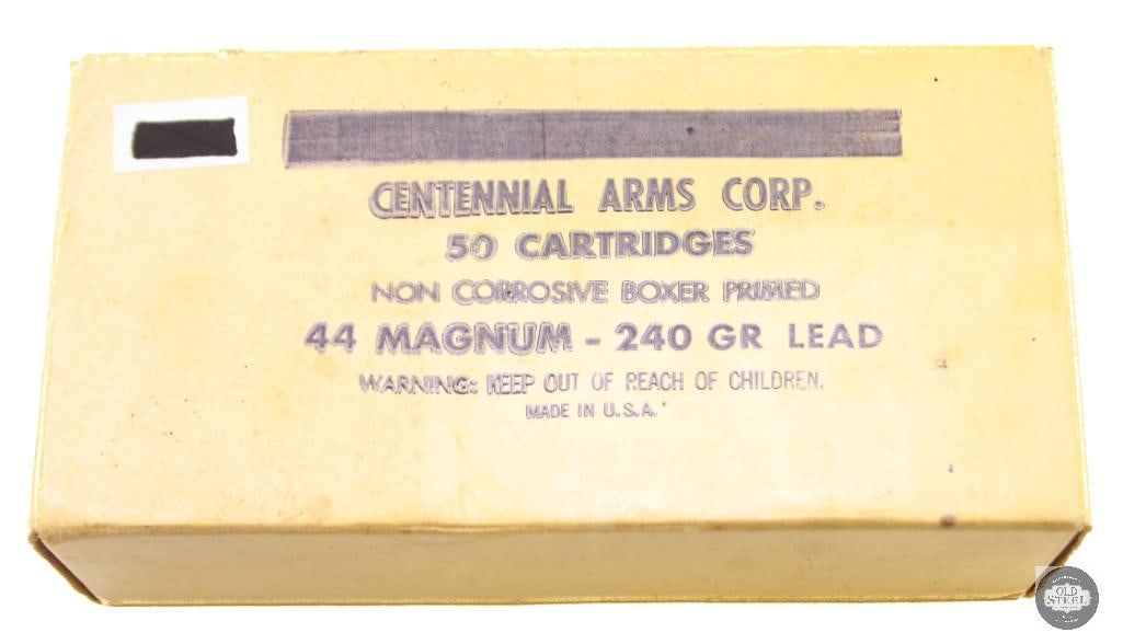 Box of Centennial Arms Corp 44 MAG 240gr Semi-Wadcutter Ammunition - 50rds: Box of Centennial Arms Corp 44 MAG 240gr Semi-Wadcutter Ammunition - 50rds. THIS ITEM IS AS PICTURED WITH NO FURTHER ATTACHMENTS. ALL SALES ARE FINAL.