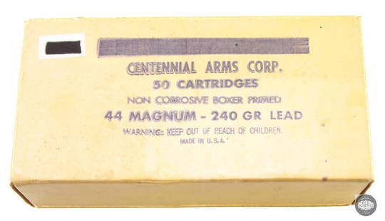 Box of Centennial Arms Corp 44 MAG 240gr Semi-Wadcutter Ammunition - 50rds: Box of Centennial Arms Corp 44 MAG 240gr Semi-Wadcutter Ammunition - 50rds. THIS ITEM IS AS PICTURED WITH NO FURTHER ATTACHMENTS. ALL SALES ARE FINAL. PLEASE REFER TO THE AUCTION