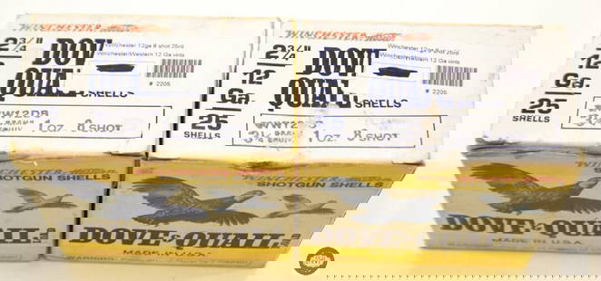 2 Boxes Vintage Winchester Western 12GA Dove & Quail Loads 2-3/4in - 50rds: 2 Boxes Vintage Winchester Western 12GA Dove & Quail Loads 2-3/4in - 50rds THIS ITEM IS AS PICTURED WITH NO FURTHER ATTACHMENTS. ALL SALES ARE FINAL. PLEASE REFER TO THE AUCTION