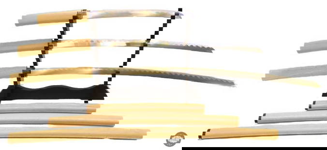 Katana Display with 3 Blades: For this lot we have a 3 katana display with a stand. The sword has a 28 inch blade, the short sword has a 20 inch blade and the dagger measures 12 inches on the blade. THIS ITEM IS