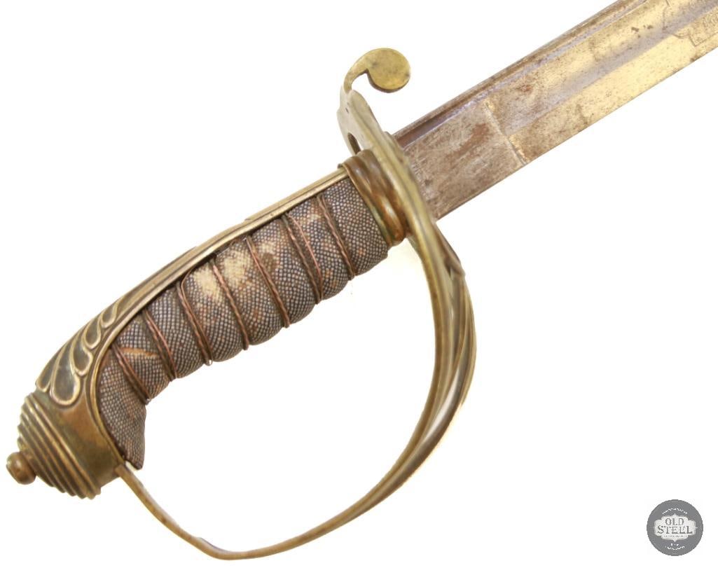 Belgian Model 1880 Infantry Officer's Sword: A Belgian Model 1880 infantry officer's sword. No scabbard. Only visible marking on the blade is an etching that reads: Manufacture & Equipements Militaires Auguste Fonson, 49 Rue des Fabriqu