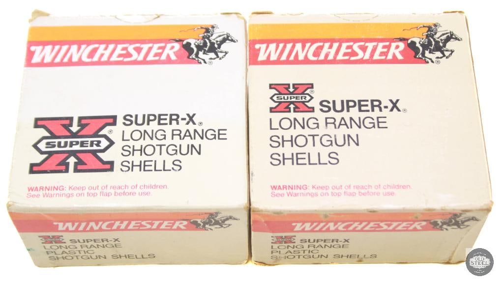 2 Boxes Winchester Super-X Long Range 12ga 2-3/4in No.6 Shot Ammunition - 49rds: 2 Boxes Winchester Super-X Long Range 12ga 2-3/4in Ammunition - 49rds (No. 4 Shot box missing one cartridge, No. 6 Shot box full) THIS ITEM IS AS