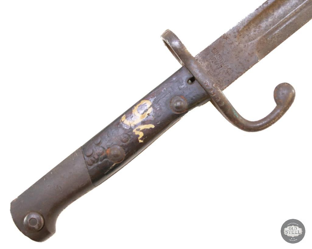 Simson & Co SUHL Mauser 1908 Brazilian Bayonet and Scabbard: Brazilian Mauser 1908 bayonet with scabbard by Simson & Co. Circled RB on base of the spine. Good condition with the surface coated in a handsome patina. The leather shows the seam being split but