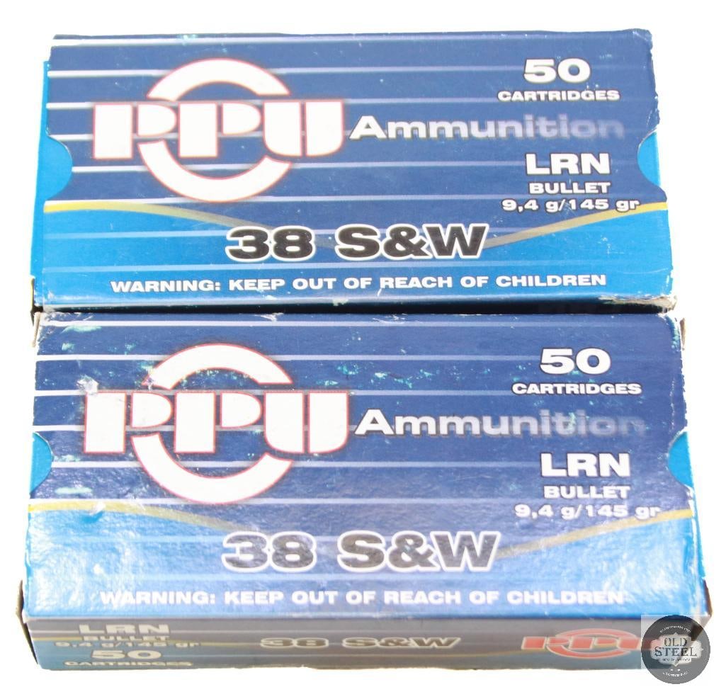 2 Boxes PPU 38 S&W 145gr LRN Ammunition - 100rds: 2 Boxes PPU 38 S&W 145gr LRN Ammunition - 100rds THIS ITEM IS AS PICTURED WITH NO FURTHER ATTACHMENTS. ALL SALES ARE FINAL. PLEASE REFER TO THE AU