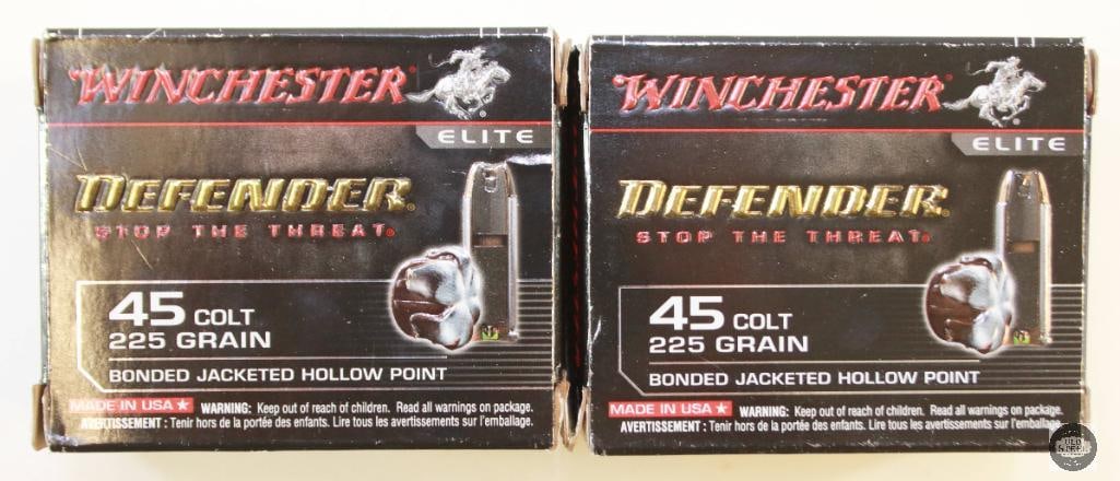 2 Boxes Winchester Defender 45 Colt 225gr Bonded JHP Ammunition - 40rds: 2 Boxes Winchester Defender 45 Colt 225gr Bonded JHP Ammunition - 40rds THIS ITEM IS AS PICTURED WITH NO FURTHER ATTACHMENTS. ALL SALES ARE FINAL. PLE