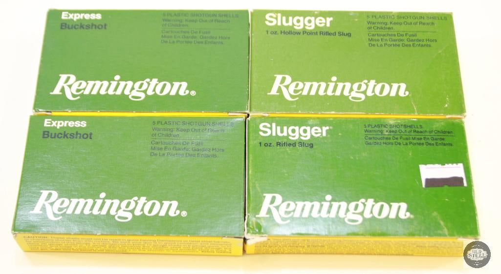 4 Boxes Remington 12ga 2-3/4in Shotshell Ammunition - Buck/Slug - 20rds: 2 Boxes Remington Slugger 2-3/4in 1oz Slugs - 10rds 2 Boxes Remington Buckshot 2-3/4in 00 Buck - 10rds THIS ITEM IS AS PICTURED WITH NO FURTHER AT