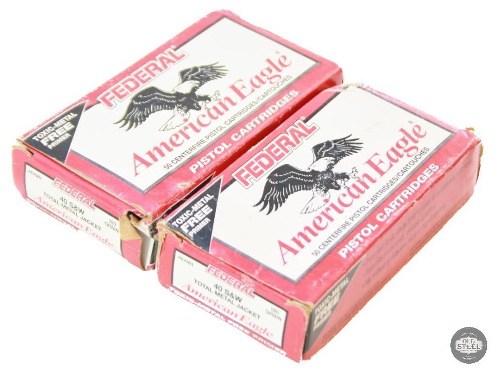 2 Boxes Federal .40 S&W 180gr TMJ Ammunition - 100rds: This lot has 2 Federal American Eagle vintage boxes with 50rds each of 40 S&W ammunition. 1 box has 25rds with different headstamps but same bullet style - beware potential reloads. Other box has 