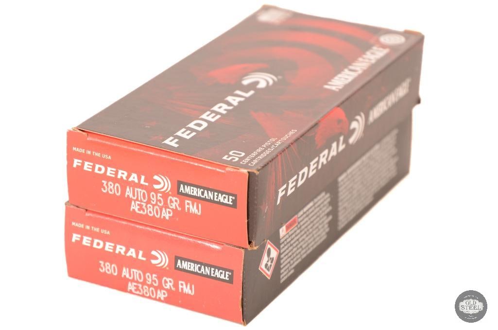 2 Boxes Federal American Eagle 380 Auto 95gr FMJ Ammunition - 100rds: 2 Boxes Federal American Eagle 380 Auto 95gr FMJ Ammunition - 100rds THIS ITEM IS AS PICTURED WITH NO FURTHER ATTACHMENTS. ALL SALES ARE FINAL. PLEASE