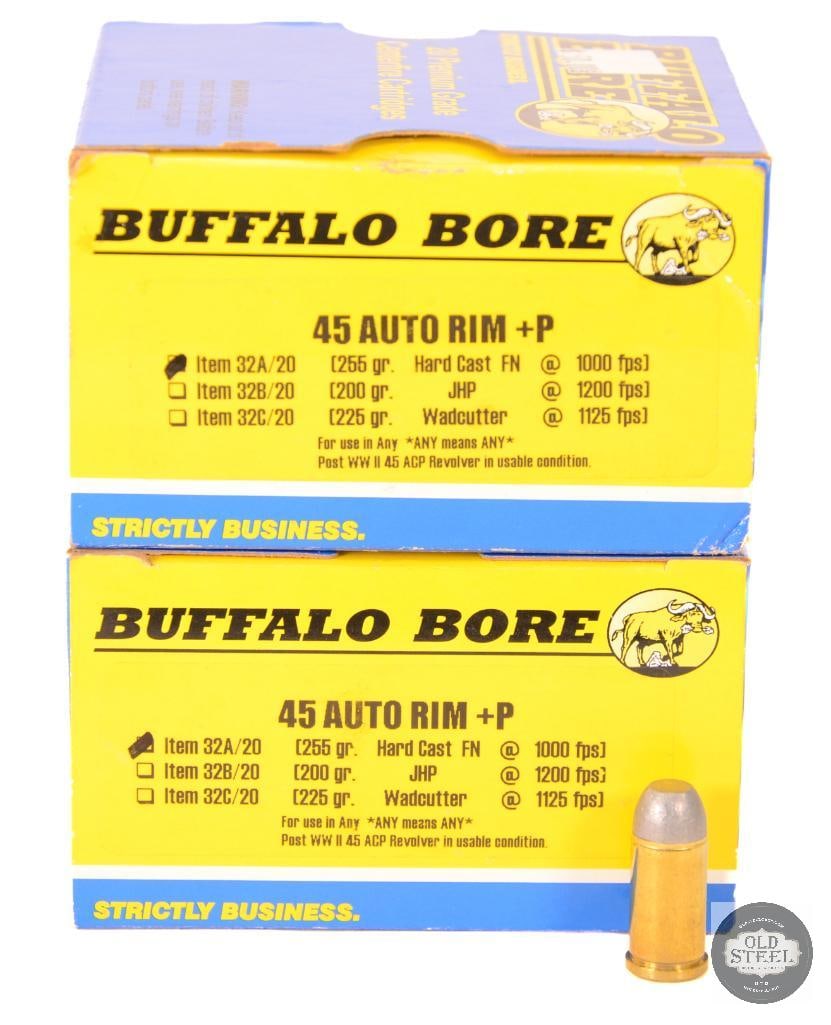 2 Boxes Buffalo Bore 45 Auto Rim +P 255gr Hard Case FN Ammunition - 40rds: 2 Boxes Buffalo Bore 45 Auto Rim +P 255gr Hard Case FN Ammunition - 40rds THIS ITEM IS AS PICTURED WITH NO FURTHER ATTACHMENTS. ALL SALES ARE FINAL. PLEASE