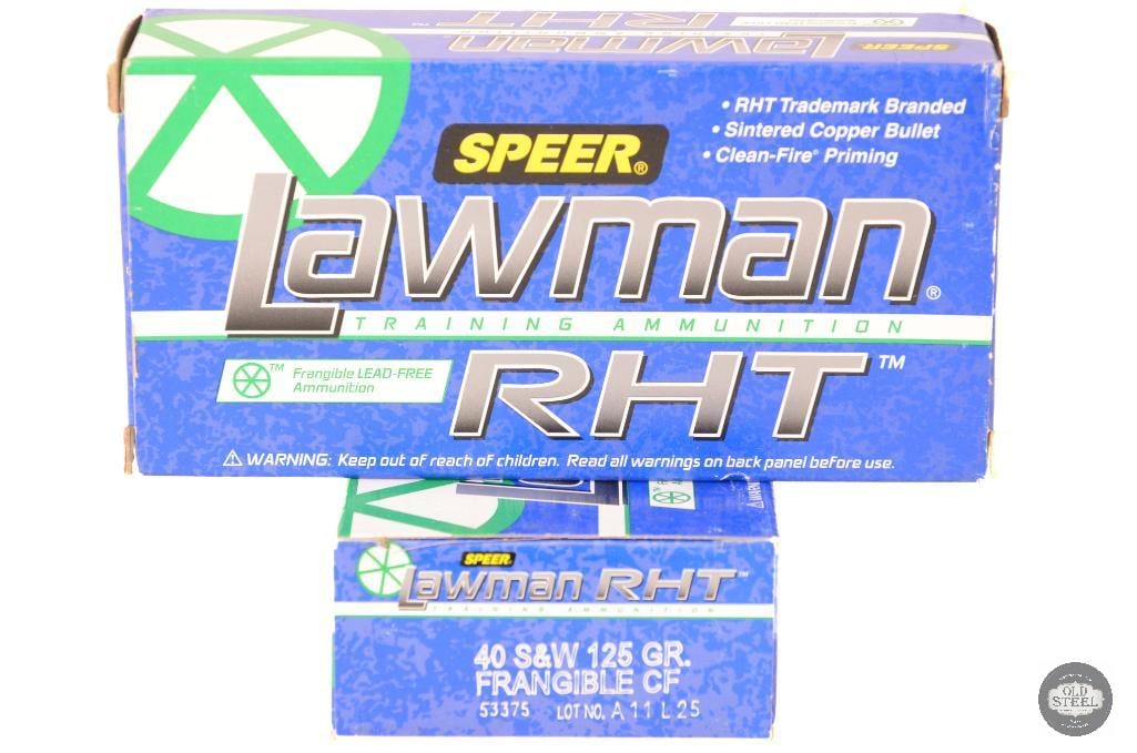 2 Boxes Speer Lawman RHT 40 S&W 125gr Frangible CF Ammunition - 100rds: 2 Boxes Speer Lawman RHT 40 S&W 125gr Frangible CF Ammunition - 100rds THIS ITEM IS AS PICTURED WITH NO FURTHER ATTACHMENTS. ALL SALES ARE FINAL.