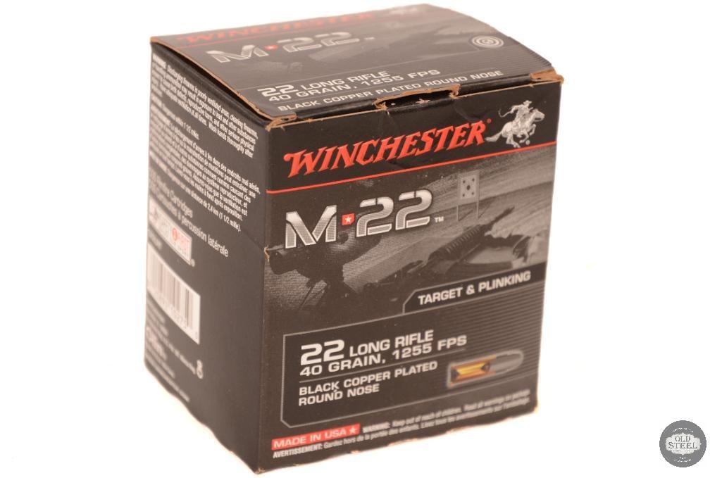 Box of Winchester M22 22LR 40gr Black Copper Plated Round Nose Ammunition - 500rds: Box of Winchester M22 22LR 40gr Black Copper Plated Round Nose Ammunition - 500rds THIS ITEM IS AS PICTURED WITH NO FURTHER ATTACHMENTS. ALL SALES ARE