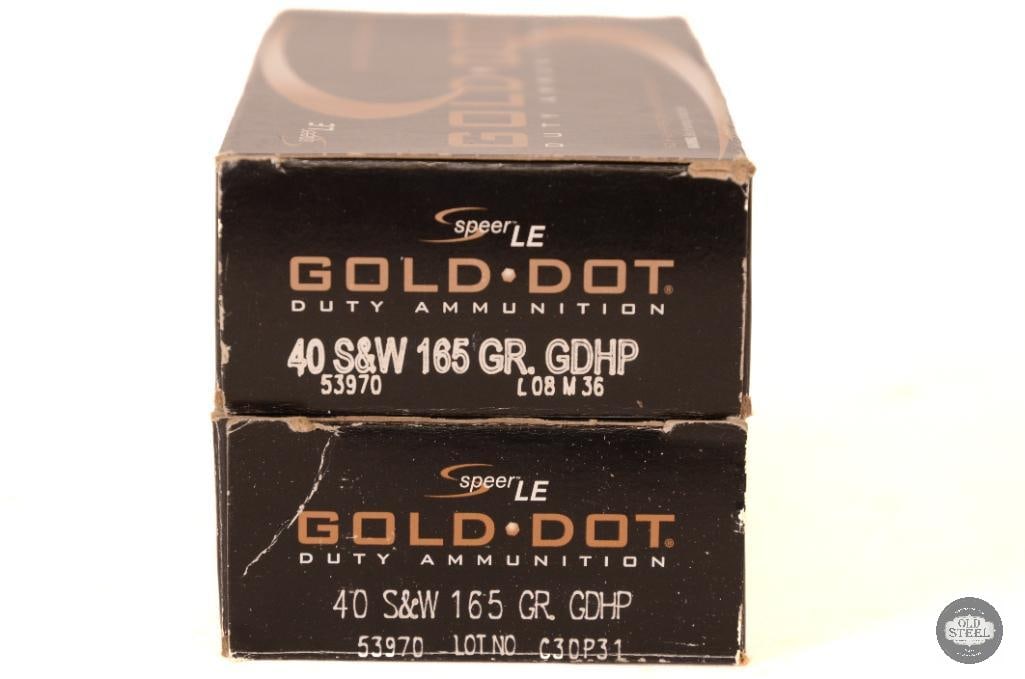 2 Boxes Speer LE Gold Dot 40 S&W 165gr GDHP Ammunition - 100rds: 2 Boxes Speer LE Gold Dot 40 S&W 165gr GDHP Ammunition - 100rds THIS ITEM IS AS PICTURED WITH NO FURTHER ATTACHMENTS. ALL SALES ARE FINAL. PLEASE