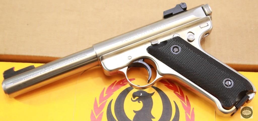 Ruger MK II Target Stainless Finish 22LR Pistol w/ Original Box and Manual: Up next is a Ruger MK II target pistol in a stainless finish and chambered in 22LR. The bore is in excellent condition with crisp rifling and shiny grooves. The finish is good as are the grips. the bo