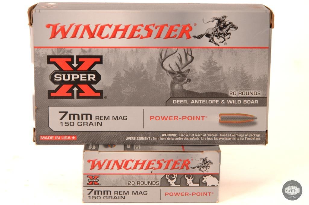 2 Boxes Winchester 7mm Rem Mag 150gr Power-Point Ammunition - 40rds: 2 Boxes Winchester 7mm Rem Mag 150gr Power-Point Ammunition - 40rds THIS ITEM IS AS PICTURED WITH NO FURTHER ATTACHMENTS. ALL SALES ARE FINAL. PLEASE