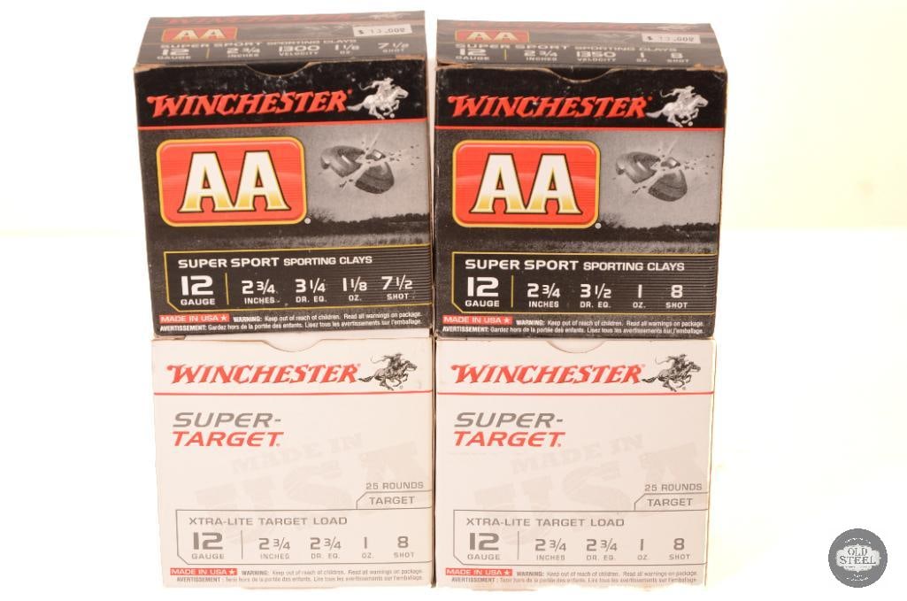 4 Boxes Winchester 12ga 2-3/4in Ammunition - 100rds: 2 Boxes Winchester Super-Target 1oz No. 8 Shot Ammunition - 50rds 2 Boxes Winchester AA Super Sport Sporting Clays 1oz No. 8 Shot Ammunition - 50rds 