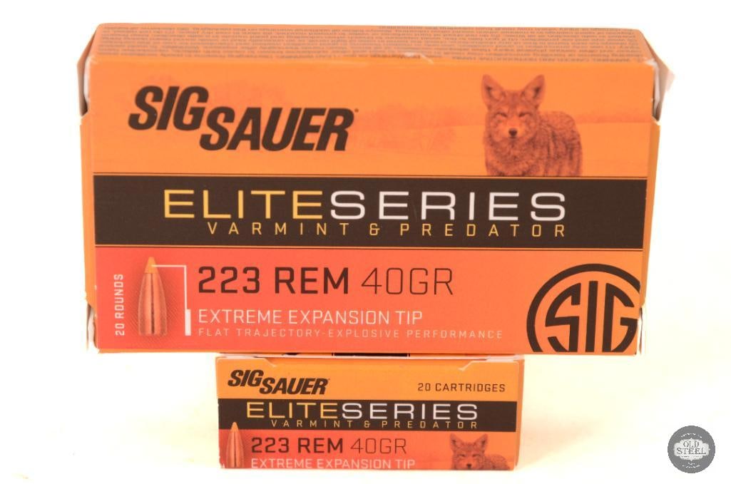 2 Boxes SIG Sauer Elite Series Varmint&Predator 223 REM 40gr Extreme Expansion Ammunition - 40rds: 2 Boxes SIG Sauer Elite Series Varmint & Predator .223 REM 40gr Extreme Expansion Tip Ammunition - 40rds THIS ITEM IS AS PICTURED WITH NO FURTHER