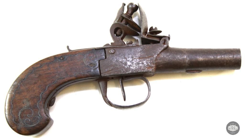 British Screw Barrel Pistol Wall Hanger Antique Non Firing: Up for auction we have a screw barrel derringer pistol antique in non working condition. This flintlock has a bore that measures about 0.42-0.43 inches. It appears to have a broken trigger spring whic