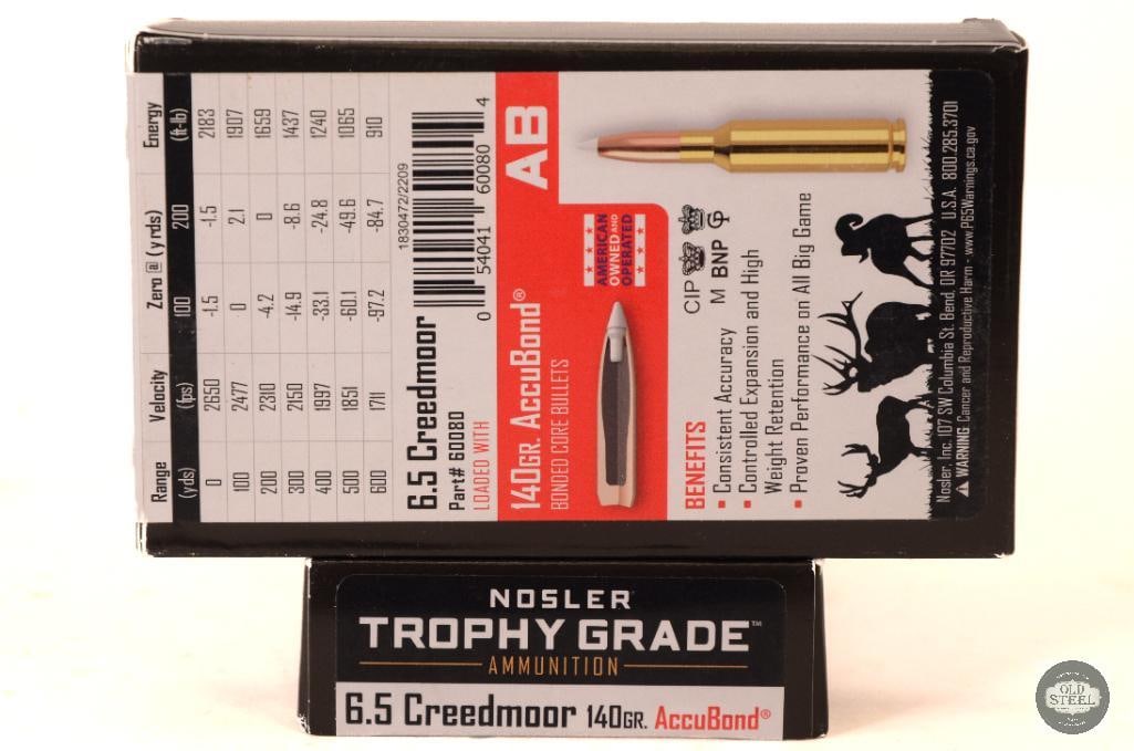 2 Boxes Nosler Trophy Grade 6.5 Creedmoor 140gr AccuBond Ammunition - 40rds: 2 Boxes Nosler Trophy Grade 6.5 Creedmoor 140gr AccuBond Ammunition - 40rds THIS ITEM IS AS PICTURED WITH NO FURTHER ATTACHMENTS. ALL SALES ARE FINAL.