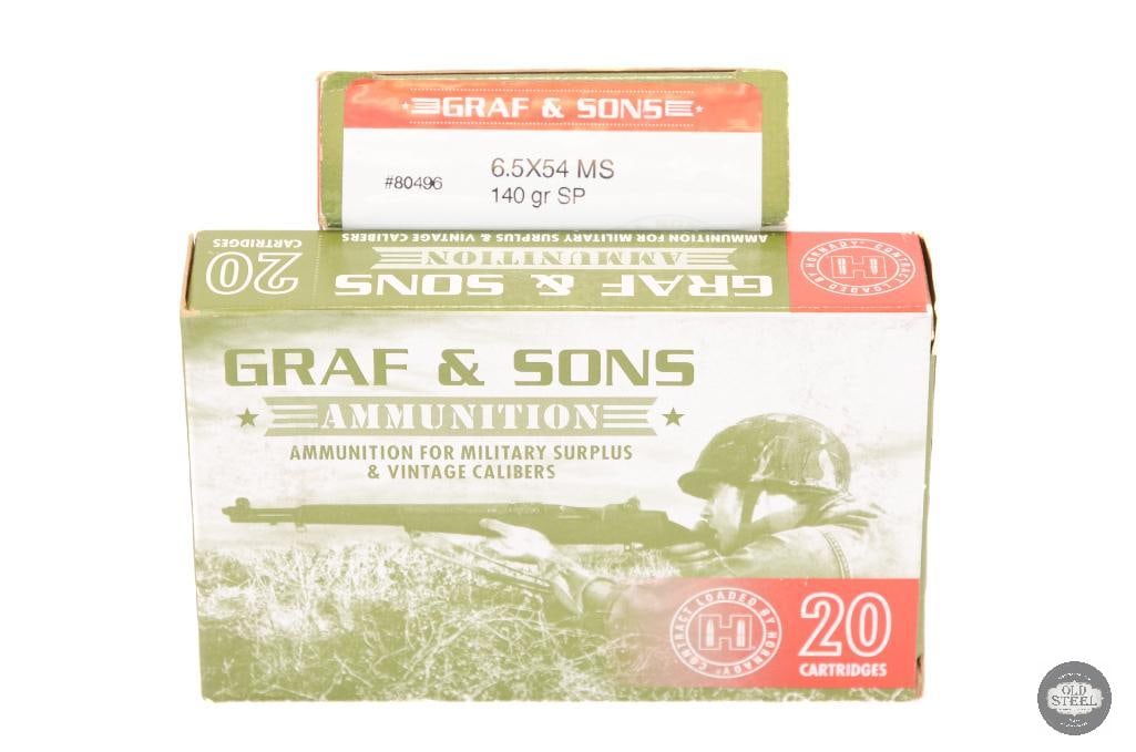 Graf & Sons 6.5x54 MS 140gr SP Ammunition - 40rds: Graf & Sons 6.5x54 MS 140gr SP Ammunition - 40rds. Boxes marked: Contract Loaded by Hornady THIS ITEM IS AS PICTURED WITH NO FURTHER ATTACHMENTS.