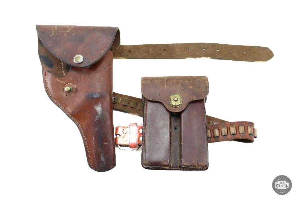 Brown Leather Gun Belt W/ Holster & Pouch: Brown Leather Gun Belt W/ Holster & Pouch THIS ITEM IS AS PICTURED WITH NO FURTHER ATTACHMENTS. ALL SALES ARE FINAL. PLEASE REFER TO THE AUCTION D