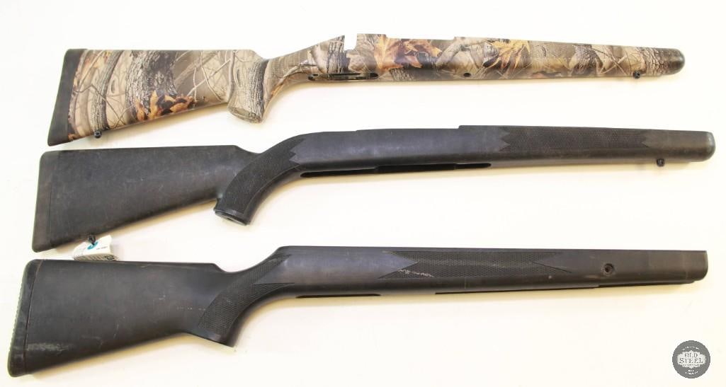 Lot of 3 Gun Stocks: Lot of three gun stocks, including a black stock for an SKS, a camo-pattern stock for a Remington 700 ADL LA, and an unmarked black stock fitting a bolt-action rifle. A great opportunity for collector