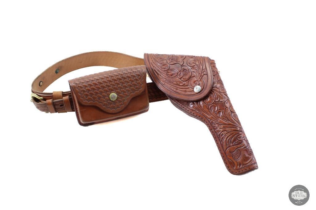Ornate Brown Leather Holster 7 Gun Belt W/ Bianchi Cartridge Pouch: Ornate Brown Leather Holster 7 Gun Belt W/ Bianchi Cartridge Pouch THIS ITEM IS AS PICTURED WITH NO FURTHER ATTACHMENTS. ALL SALES ARE FINAL. PLEASE R