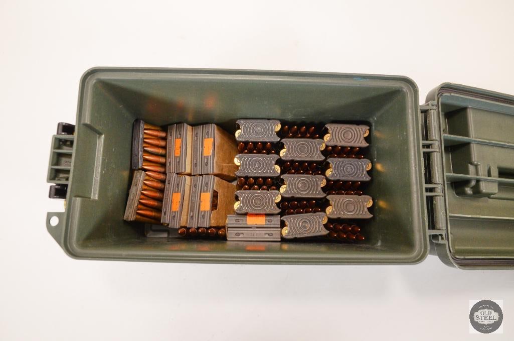 Ammo Box 166rds Clipped 30-06 SPRG - 50rds Clipped 7.62 NATO Ammunition: Large plastic ammo can with 17 en blocs loaded and 6 stripper clips loaded with 30-06 SPRG ammunition, and 10 stripper clips loaded with 7.62NATO ammunition. 