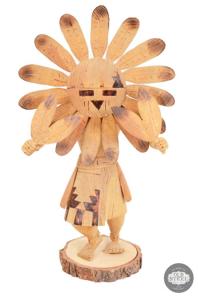 Authentic Hopi Indian Kachina Sun Face Doll - R. Platero: This figure is a Sun Face Kachina doll, representing a spiritual being in the religious beliefs of the Pueblo peoples of the American Southwest. The name "Kachina" or "Katsina" refers to the