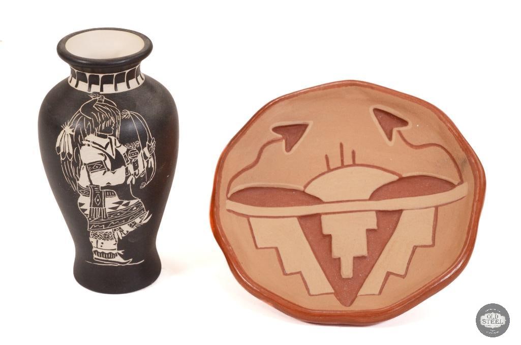 Acoma Pueblo Black Etched Vase and Plate Pottery: The black vase is about 6 inches tall, and the plate is about 6 inches wide. The vase is signed by Darrall Taliman Chino. The plate is subtly signed on the reverse as well and appears to be the name S