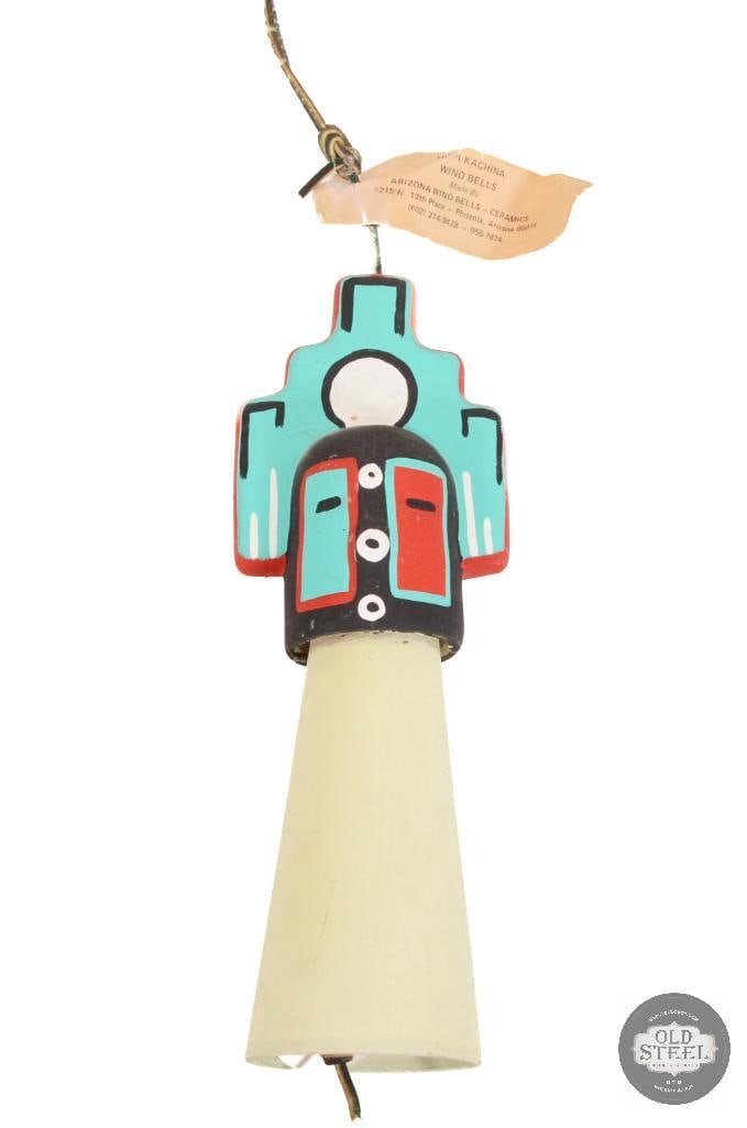 Hopi Kachina Clay Wind Bell: An 11 inch tall, ceramic Hopi Kachina wind bell. THIS ITEM IS AS PICTURED WITH NO FURTHER ATTACHMENTS. ALL SALES ARE FINAL. PLEASE REFER TO THE