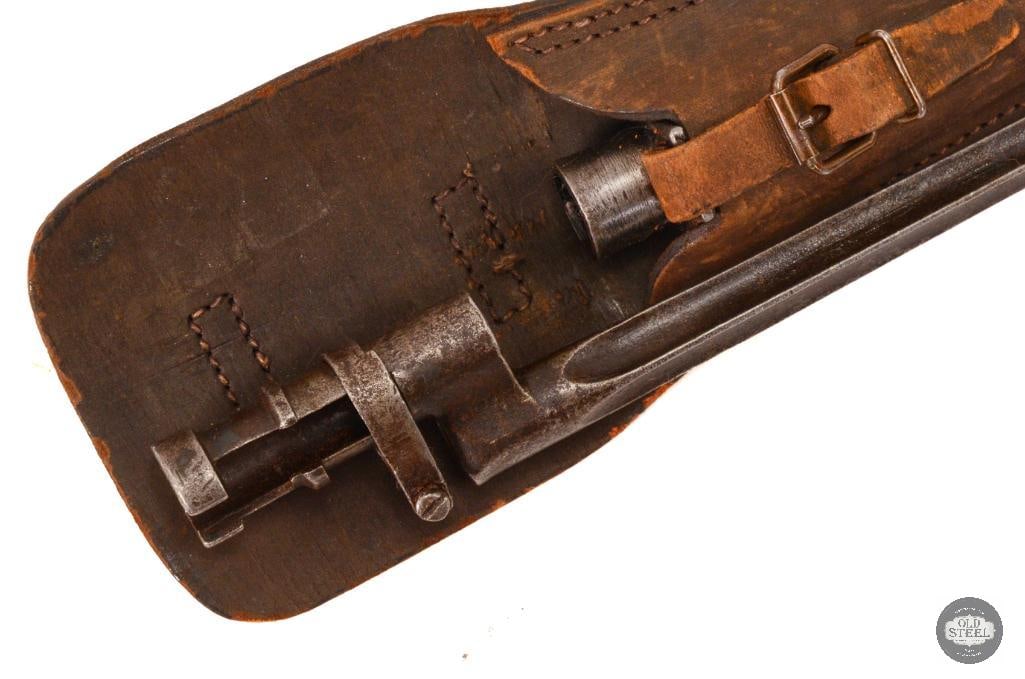 Early M1891 Mosin Nagant Bayonet with Scabbard and Frog: A M1891 bayonet with scabbard and frog for the Mosin Nagant Rifle platform. This is an early model indicated by the socket. THIS ITEM IS AS PICT