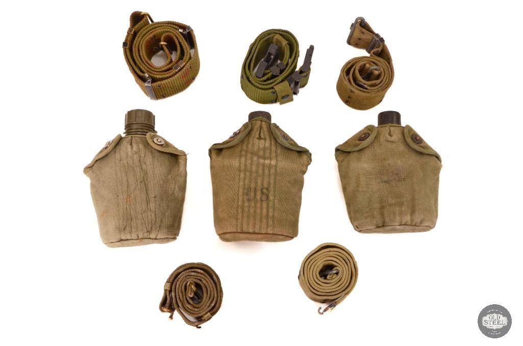 Lot of 3 M1910 US Canteens and 5 Pistol Belts: One of the canteens is a modern plastic version inside an original cover. One of the belts is a newer nylon verson with polymer buckles. THIS IT