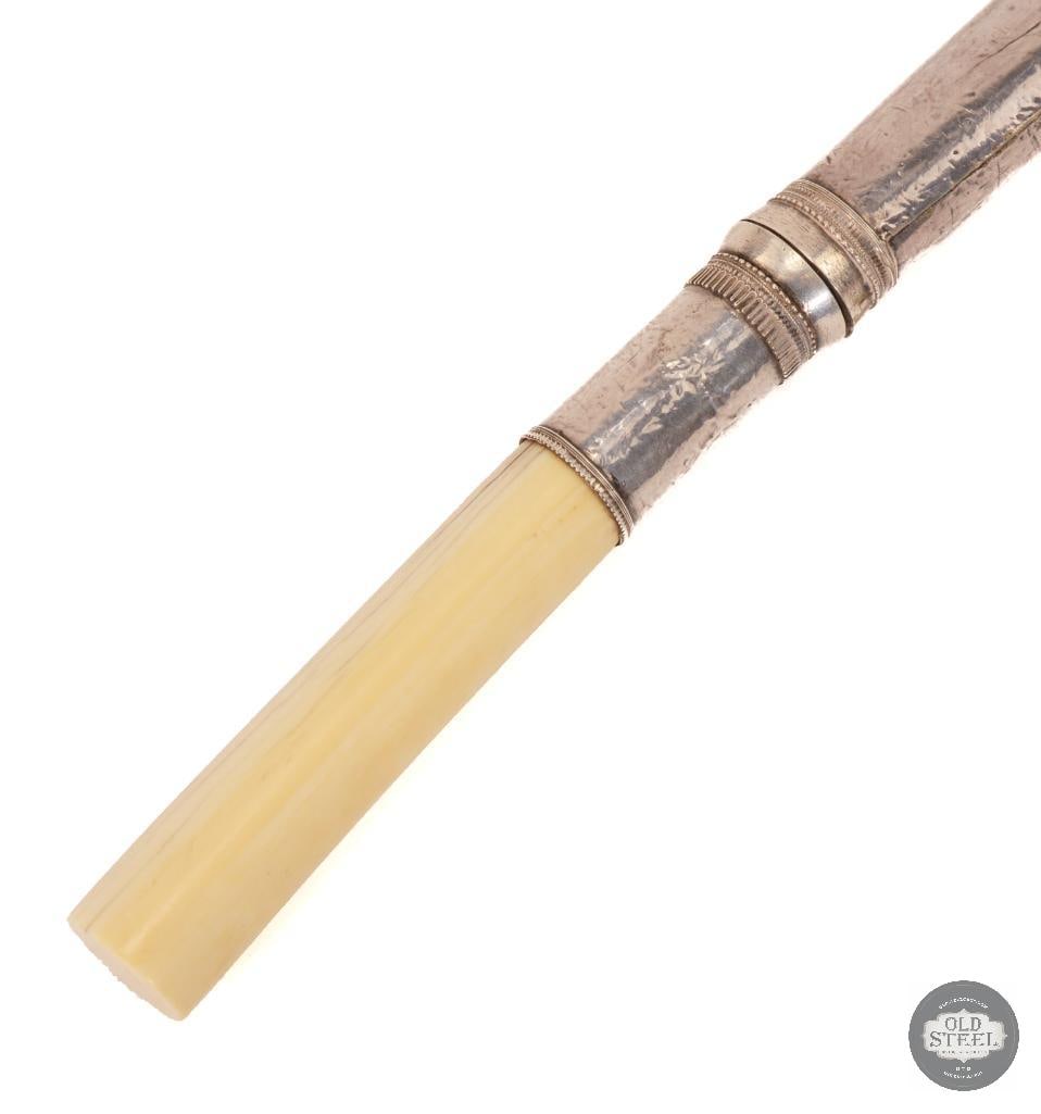 Burmese Dha Daab Short Sword Dagger - Bone Handle - Silver Covered Scabbard: Burmese Dha Daab Short Sword Dagger - Bone Handle - Silver Covered Scabbard THIS ITEM IS AS PICTURED WITH NO FURTHER ATTACHMENTS. ALL SALES ARE FINAL.