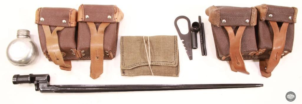 Mosin Nagant Bayonet with Ammo Pouches and Oiler Bottle: Mosin Nagant Bayonet with Ammo Pouches and Oiler Bottle THIS ITEM IS AS PICTURED WITH NO FURTHER ATTACHMENTS. ALL SALES ARE FINAL. PLEASE REFER TO THE