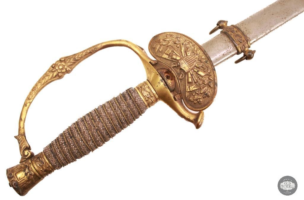 US M1860 Shannon Miller Crane Lilley Sword and Scabbard - David P Cordray: Here we have a US parade sword from late 1800s that belonged to David P Cordray as etched upon the blade. The throat of the scabbard is missing as is the pommel. Patina present 