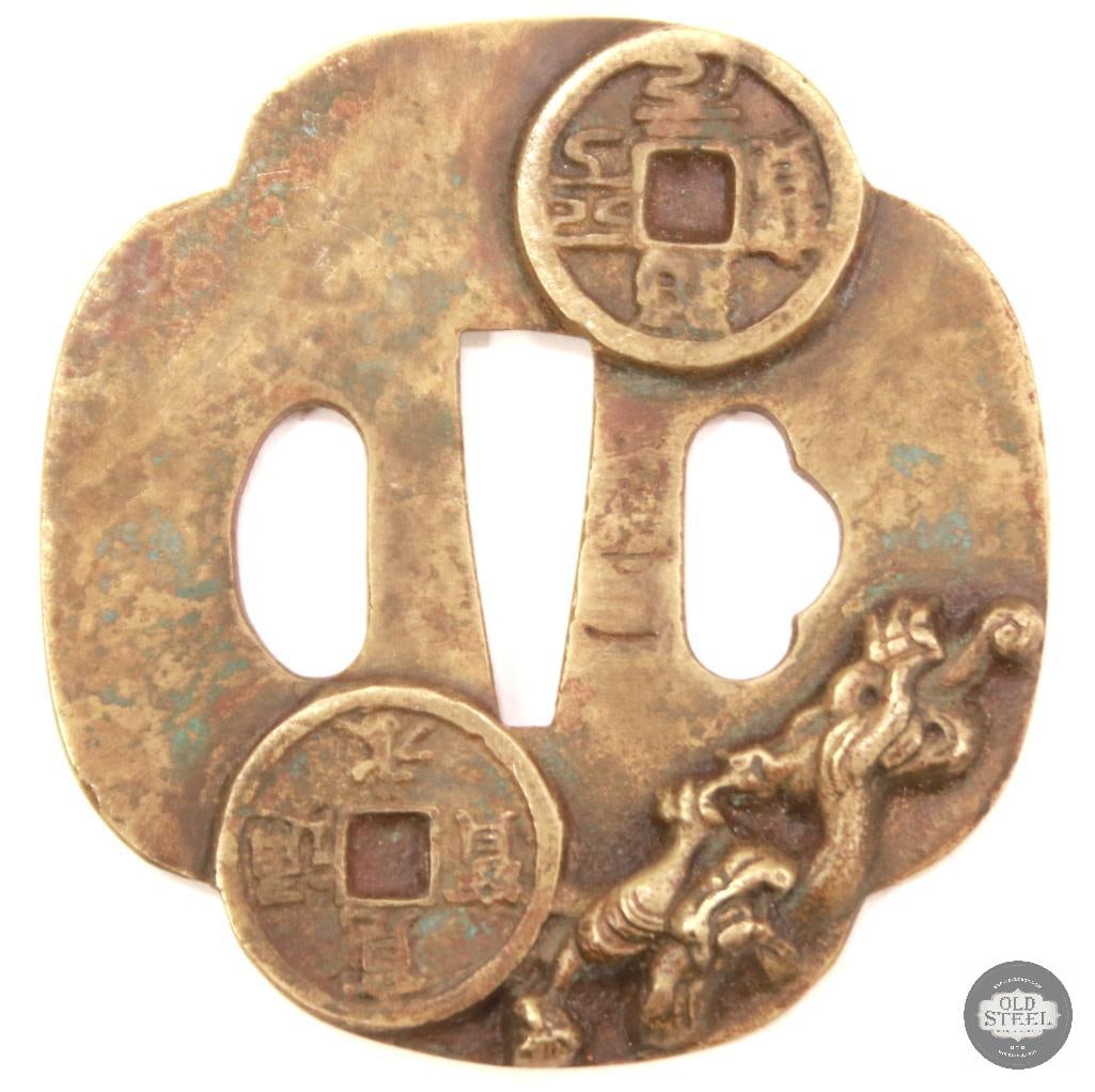 Japanese Tsuba - Brass with Coin and Dragon Carvings (1 of 2)
