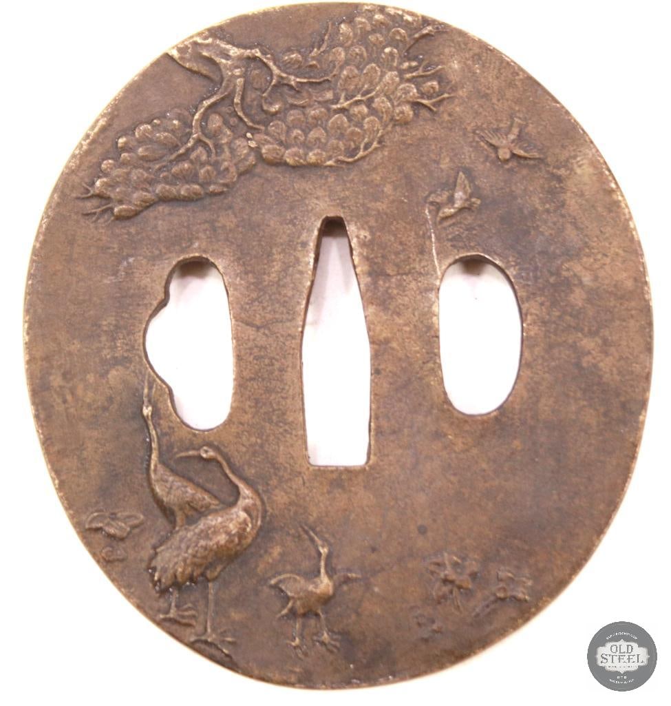 japanese Tsuba - Bronze - Double Sided Crane Engravings (1 of 2)