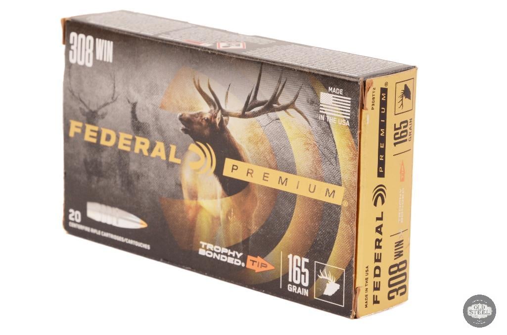 Box of Federal Premium 308 WIN 165gr Trophy Bonded Tip Nickel Plated Ammunition - 20rds: Box of Federal Premium 308 WIN 165gr Trophy Bonded Tip Nickel Plated Ammunition - 20rds THIS ITEM IS AS PICTURED WITH NO FURTHER ATTACHMENTS. ALL SALE