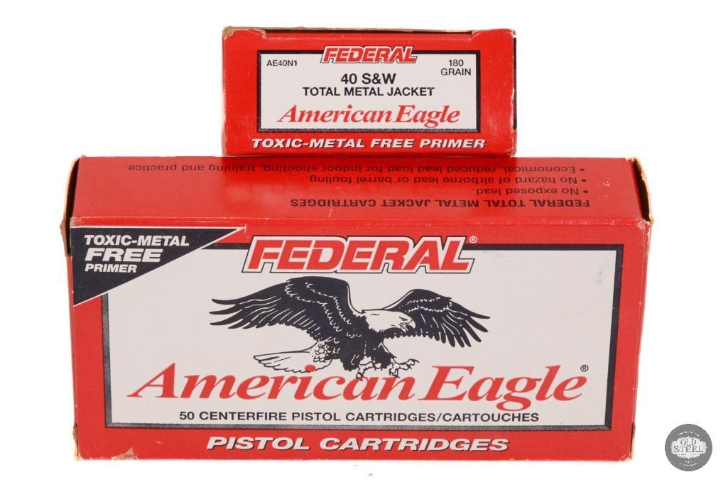 2 Boxes Federal American Eagle 40 S&W 180gr TMJ Ammunition - 100rds: 2 Boxes Federal American Eagle 40 S&W 180gr TMJ Ammunition - 100rds THIS ITEM IS AS PICTURED WITH NO FURTHER ATTACHMENTS. ALL SALES ARE FINAL. PLE