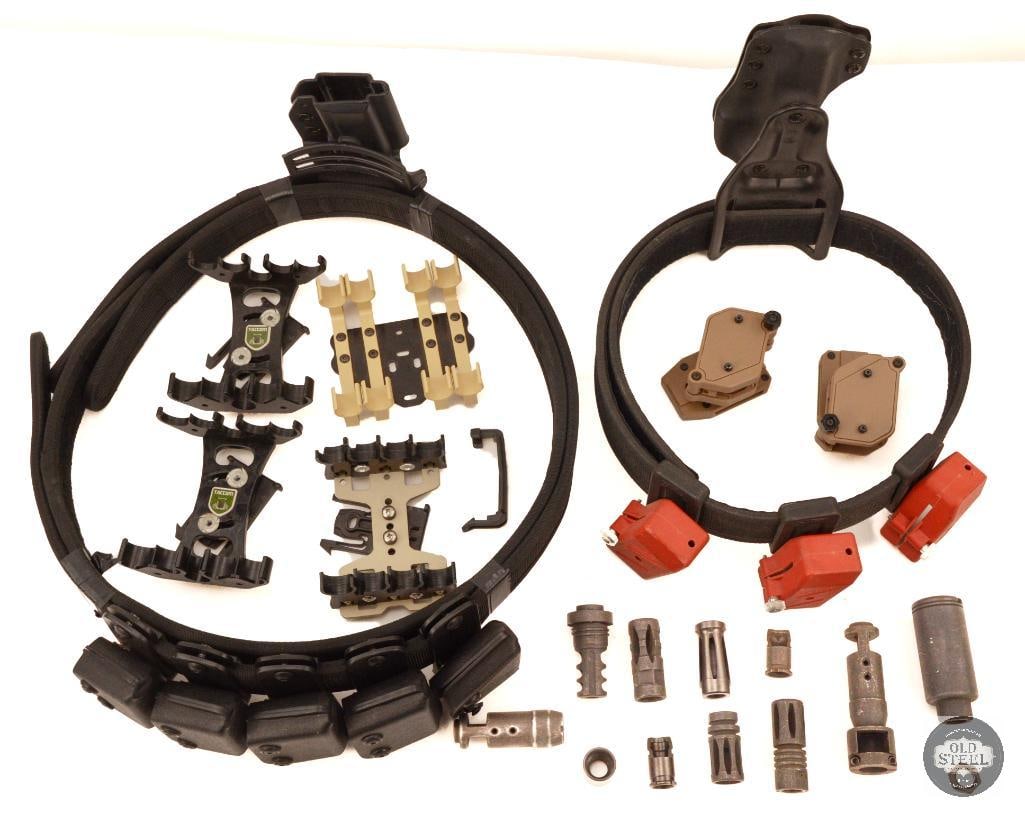 Gun Belts and Muzzle Devices: Set of gun belts and accessories with various muzzle devices also included in the lot. THIS ITEM IS AS PICTURED WITH NO FURTHER ATTACHMENTS. ALL