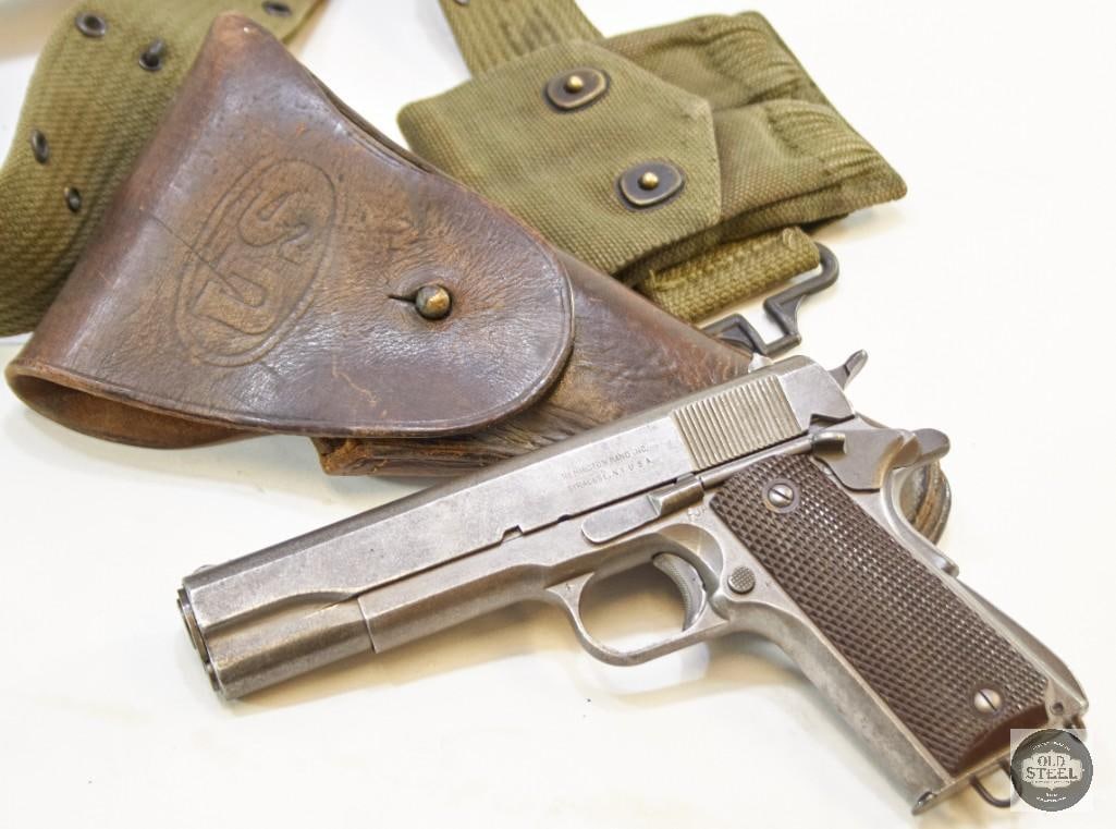 ORIGINAL FINISH Remington Rand M1911A1 45 ACP MFG 1944 C&R Complete Rig: Up for auction is a Remington Rand 1911A1 chambered in 45 ACP. The date of manufacture on this pistol is 1944, making a WW2 era pistol. This pistol is in excellent condition with its original finish i