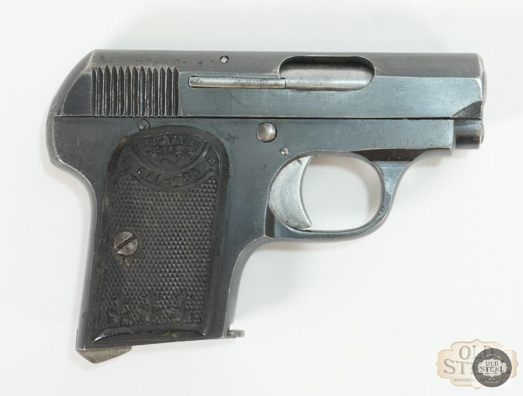Spanish Vest Pocket 1908 Clone Semi-Auto Defensive Pistol .25 ACP C&R Colt: Up for auction is a Spanish Vest Pocket semi-auto pistol chambered for .25 ACP. This is a Spanish clone of the Colt 1908 Vest Pocket. The barrel measures 2 inches and features sharp, reflective riflin