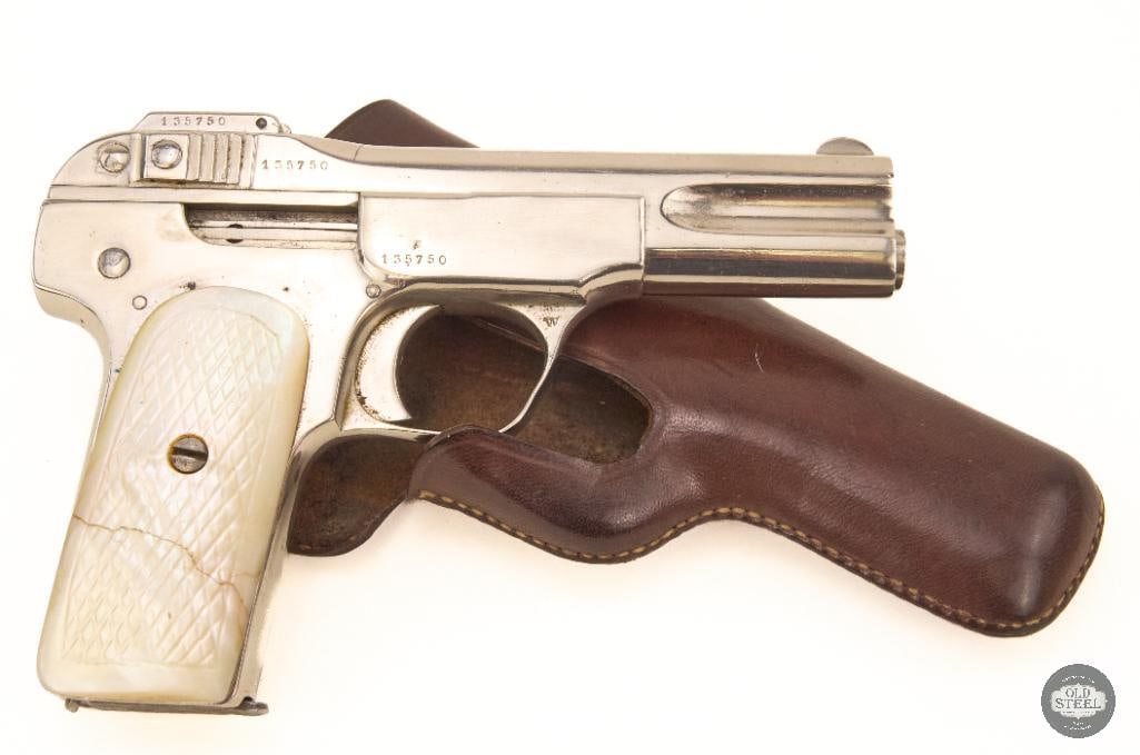 FN Herstal Model 1900 with Holster .32 ACP C&R: Finish is in excellent condition, all numbers matching. Appears to have been re-nickeled. Bore is in poor condition, evidence of pitting, an oil ring, and faint rifling. 